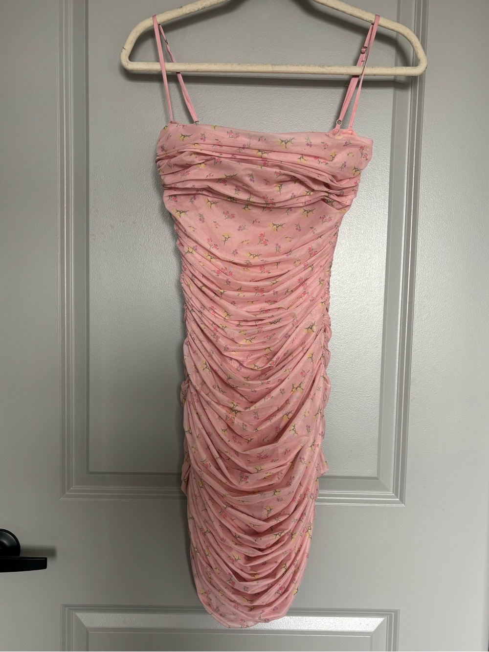 House of CB Ella Pink Floral Ruched Mesh Mini Dress. Size Small. - Picture 9 of 14